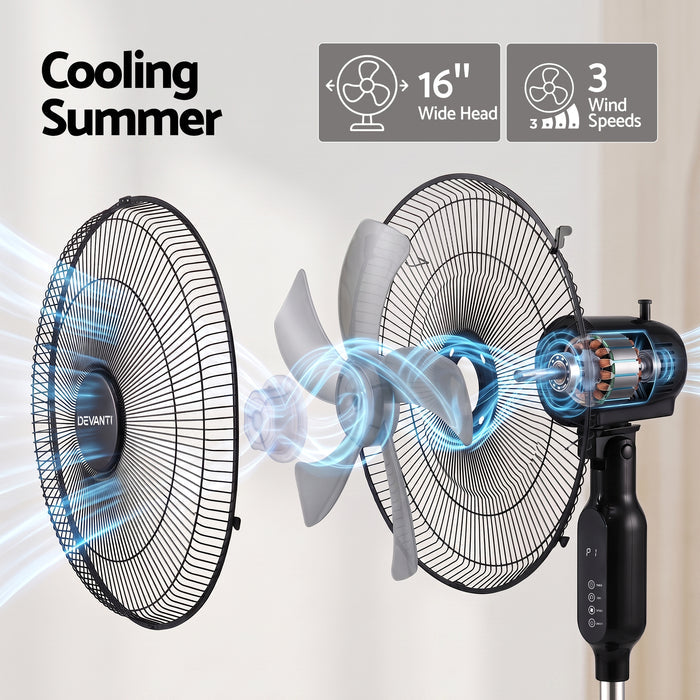DEVANTI 16" Pedestal Fan with Remote 3 Speeds 8H Timer, Black
