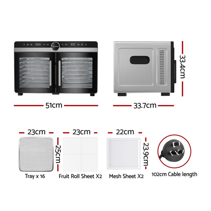 Devanti 16 Trays Food Dehydrator Dual-Zone Stainless Steel - Devanti