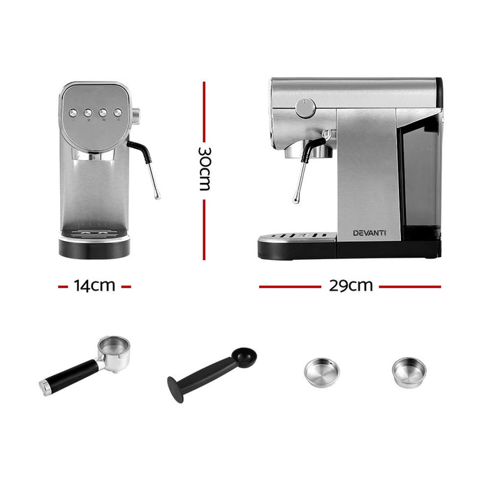 Devanti Coffee Machine Espresso Maker 20 Bar Milk Frother Cappuccino Latte Cafe - Devanti