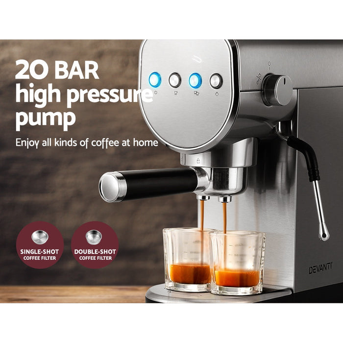 Devanti Coffee Machine Espresso Maker 20 Bar Milk Frother Cappuccino Latte Cafe - Devanti