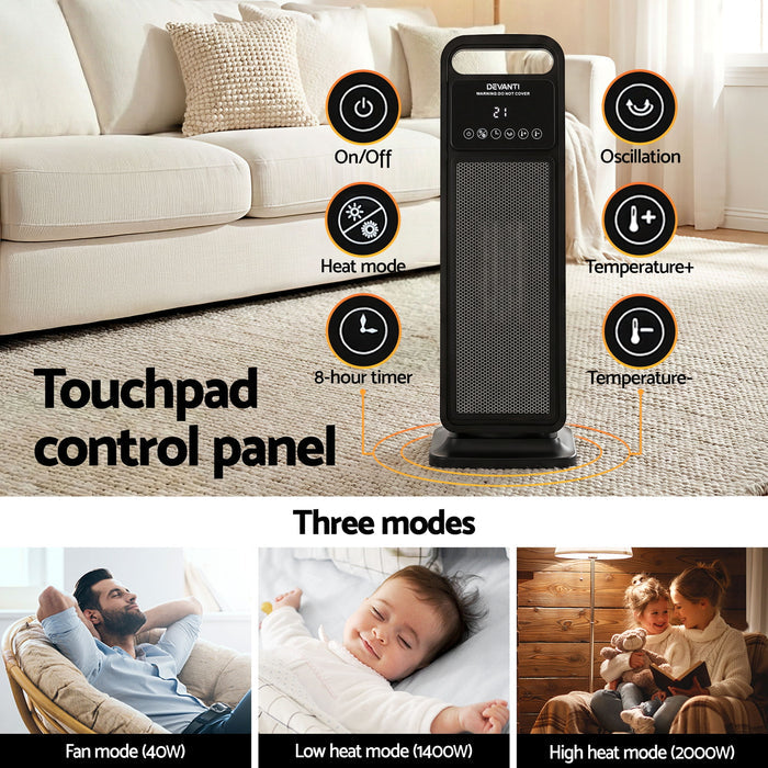 Devanti 2000W Ceramic Tower Heater Space Heaters Indoor Oscillating Black - Devanti