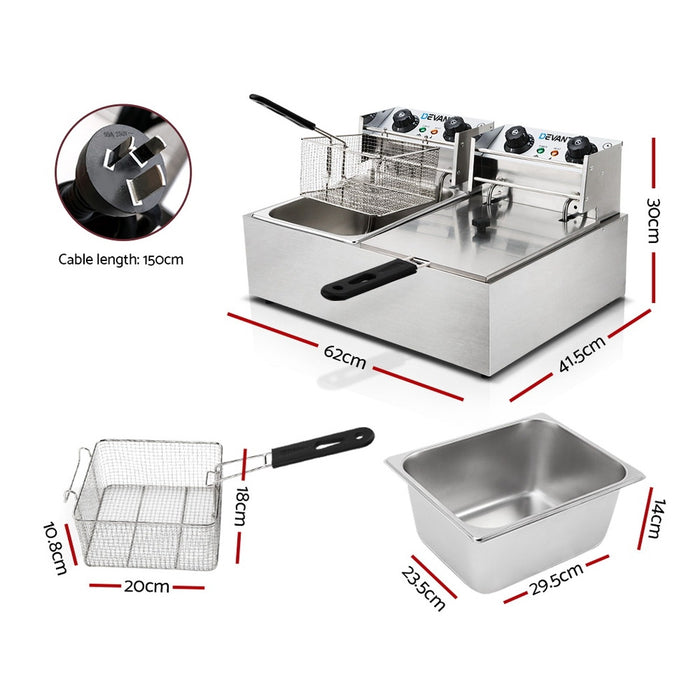 Devanti Commercial Electric Twin Deep Fryer Silver