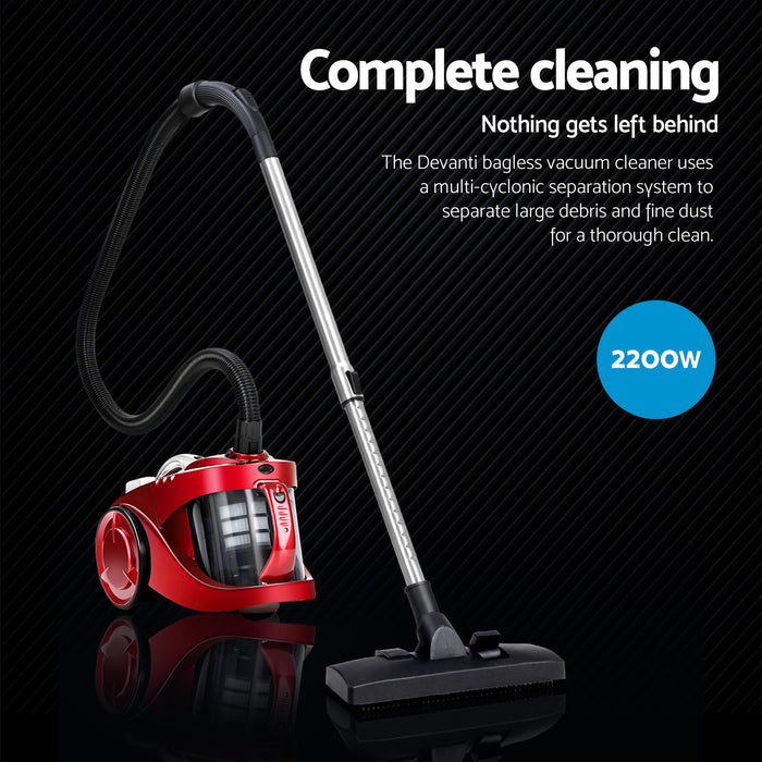 Devanti Bagless Vacuum Cleaner Cleaners Cyclone Cyclonic Vac HEPA Filter Car Home Office 2200W Red - Devanti