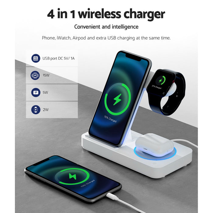 Devanti 4-in-1 Wireless Charger Dock Fast Charging for Phone White - Devanti