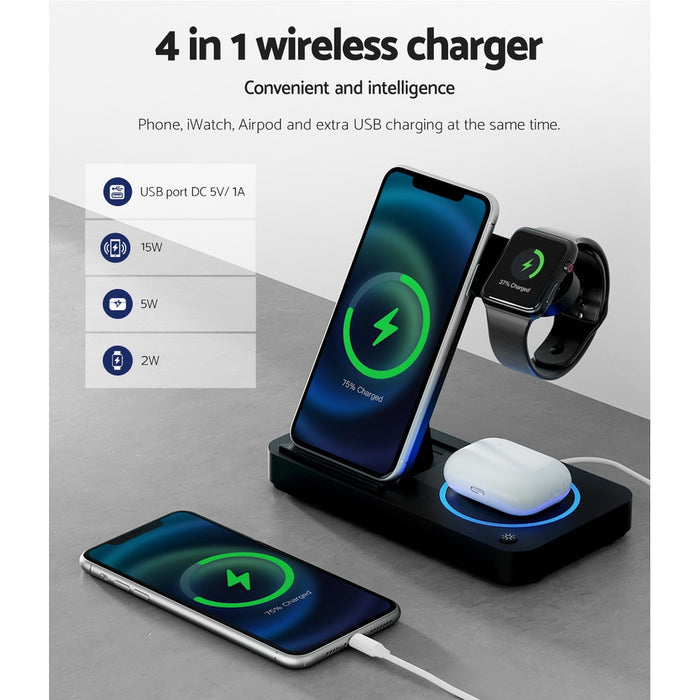 Devanti 4-in-1 Wireless Charger Station Fast Charging for Phone Black - Devanti