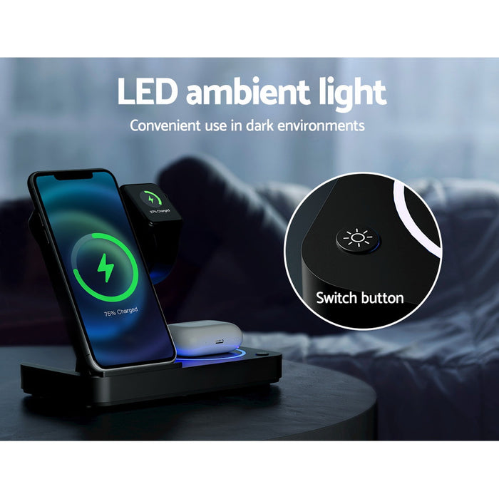 Devanti 4-in-1 Wireless Charger Station Fast Charging for Phone Black - Devanti