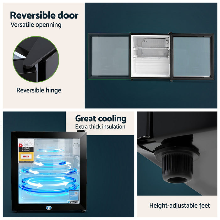 Devanti 40L Bar Fridge Glass Door Mini Fridge Countertop Cooler Black - Devanti