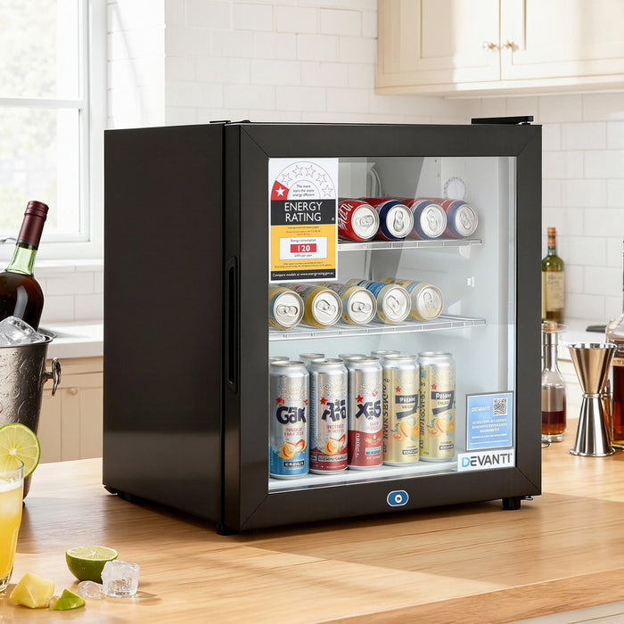 Devanti 40L Bar Fridge Glass Door Mini Fridge Countertop Cooler Black - Devanti