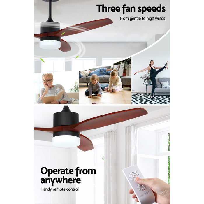 Devanti 52 Ceiling Fan LED Light Remote Control Wooden Blades Dark Wood Fans - Devanti