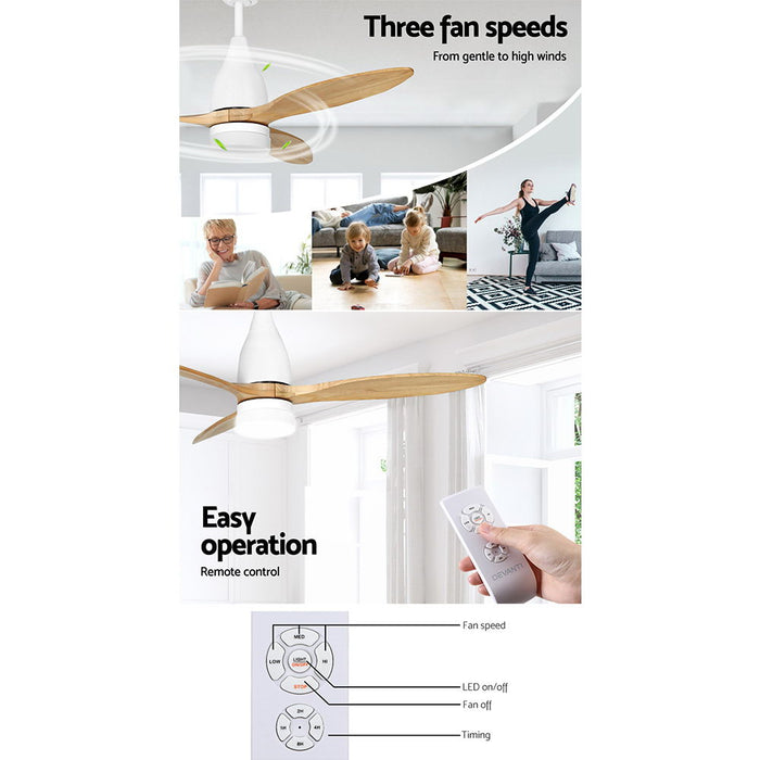 Devanti 52 Ceiling Fan LED Light Remote Control Wooden Blades Timer 1300mm - Devanti