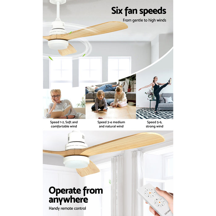 Devanti 52'' Ceiling Fan DC Motor LED Light Remote - Light Wood - Devanti