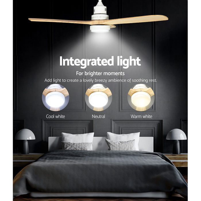 Devanti 52'' Ceiling Fan DC Motor LED Light Remote - Light Wood - Devanti