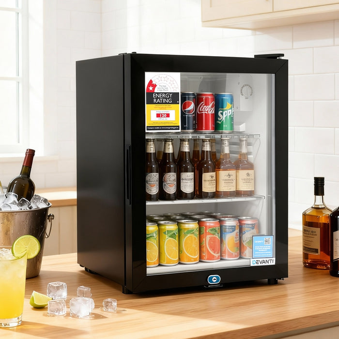 Devanti 56L Bar Fridge Glass Door Mini Fridge Countertop Cooler Black - Devanti