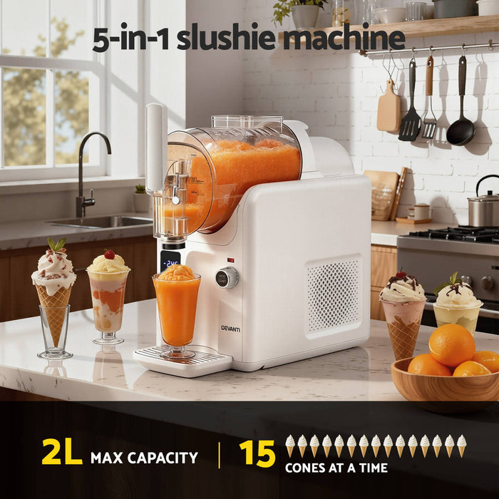 Devanti 5in1 Slushie Machine Ice Cream Maker 2L White - Devanti