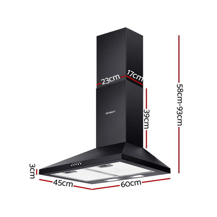 Devanti Pyramid Range Hood Rangehood 600mm 60cm Kitchen Canopy Black - Devanti