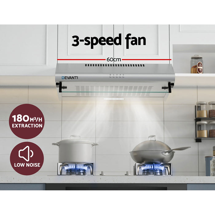 Devanti 600mm Range Hood 60cm Rangehood Kitchen Canopy LED Light Stainless Steel - Devanti
