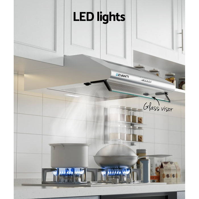 Devanti 600mm Range Hood 60cm Rangehood Kitchen Canopy LED Light Stainless Steel - Devanti