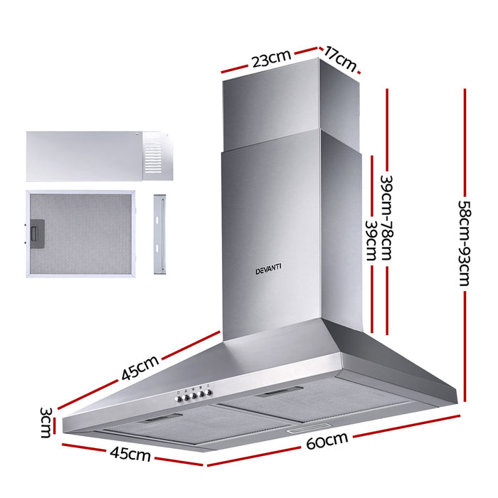 Devanti Range Hood 60cm 600mm Kitchen Canopy Stainless Steel Rangehood Wall Mount - Devanti