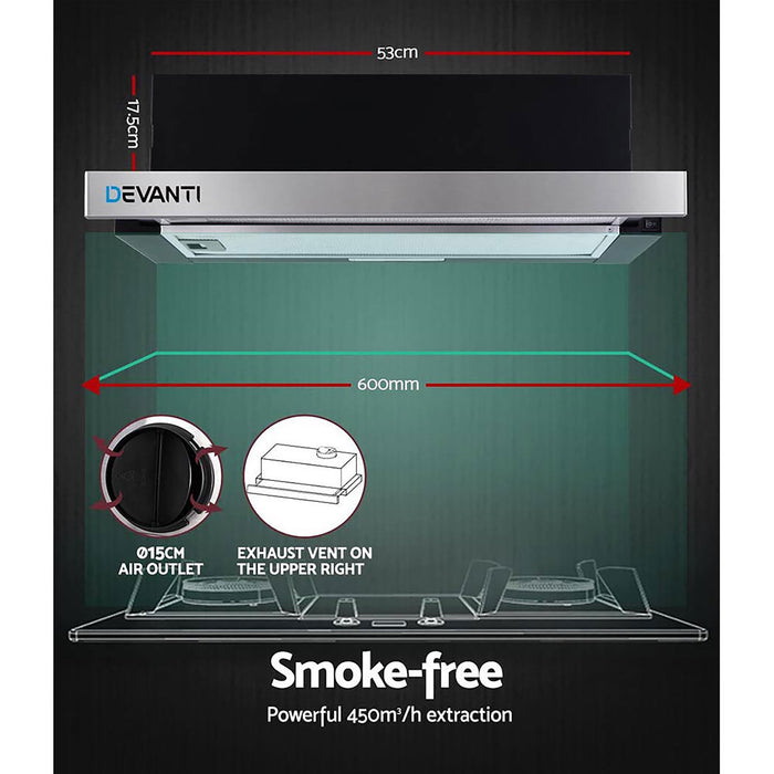 Devanti 600mm Range Hood 60cm Slide out Rangehood Stainless Steel - Devanti