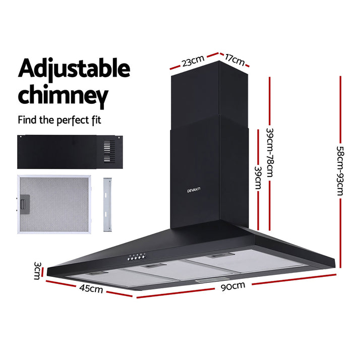 Devanti Range Hood Rangehood 90cm 900mm Kitchen Canopy LED Light Wall Mount Black - Devanti
