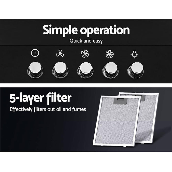 Devanti Range Hood Rangehood 90cm 900mm Kitchen Canopy LED Light Wall Mount Black - Devanti