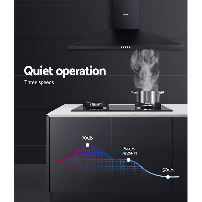 Devanti Range Hood Rangehood 90cm 900mm Kitchen Canopy LED Light Wall Mount Black - Devanti