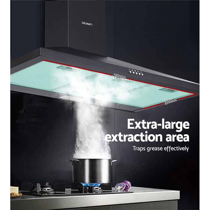 Devanti Range Hood Rangehood 90cm 900mm Kitchen Canopy LED Light Wall Mount Black - Devanti