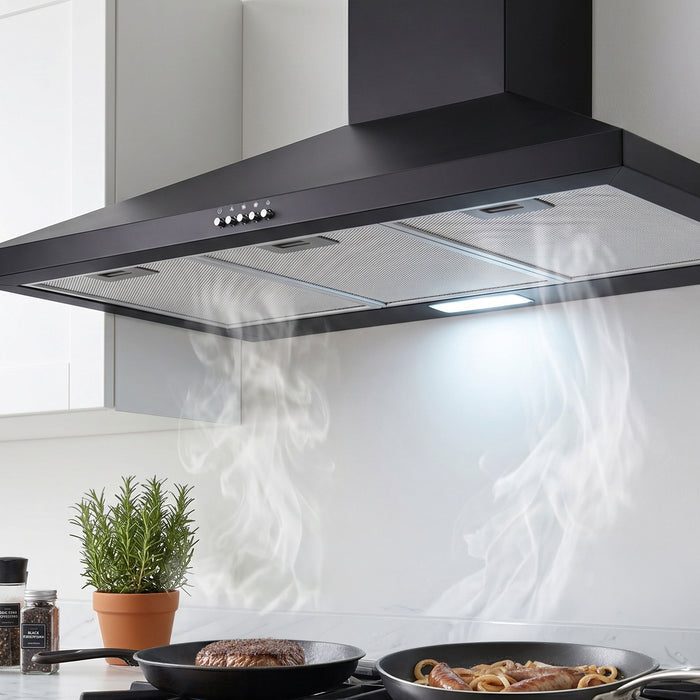 Devanti Range Hood Rangehood 90cm 900mm Kitchen Canopy LED Light Wall Mount Black - Devanti