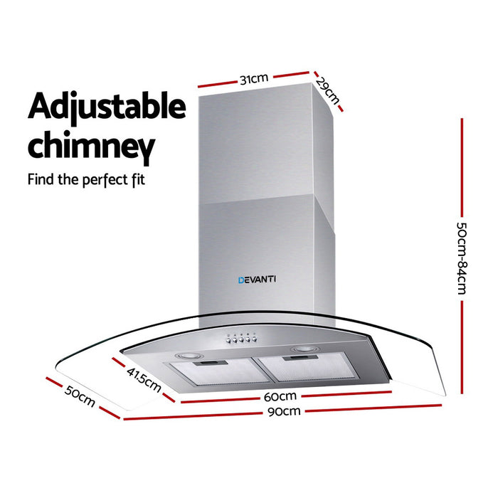 Devanti Range Hood 900mm Rangehood Kitchen Stainless Glass Canopy 90cm - Devanti