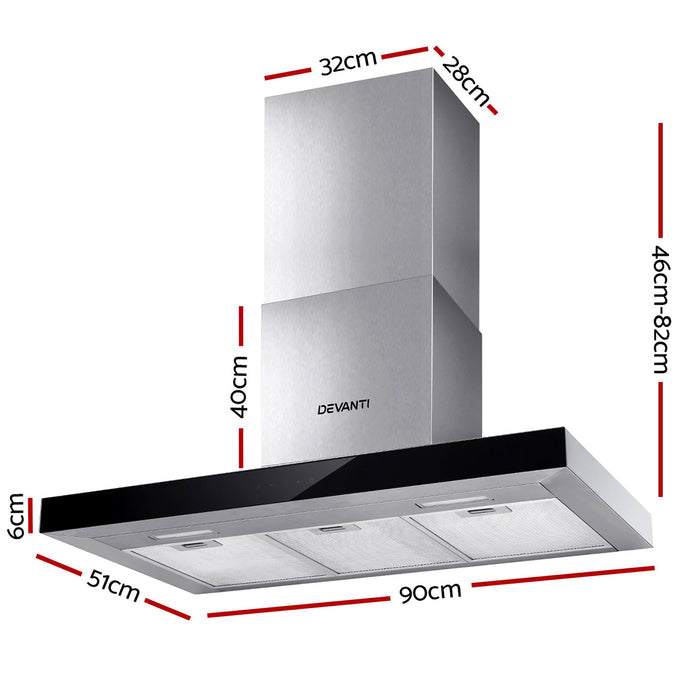 Devanti 900mm Range Hood 90cm Rangehood Glass Stainless Steel - Devanti