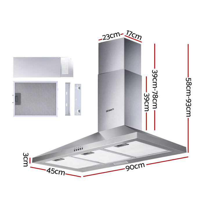 Devanti 900mm Range Hood 90cm Rangehood Stainless Steel - Devanti