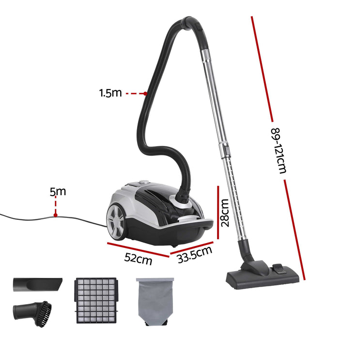 DEVANTI Bagged Vacuum Cleaner Powerful Suction for Carpet Wood Tile Floor Black