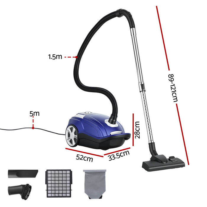DEVANTI Bagged Vacuum Cleaner Powerful Suction for Carpet Wood Tile Floor Blue