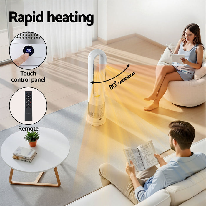 Devanti Bladeless Tower Fan Heater and Cooler 2in1 Portable Oscillation Fan for Bedroom Room Office Use White - Devanti
