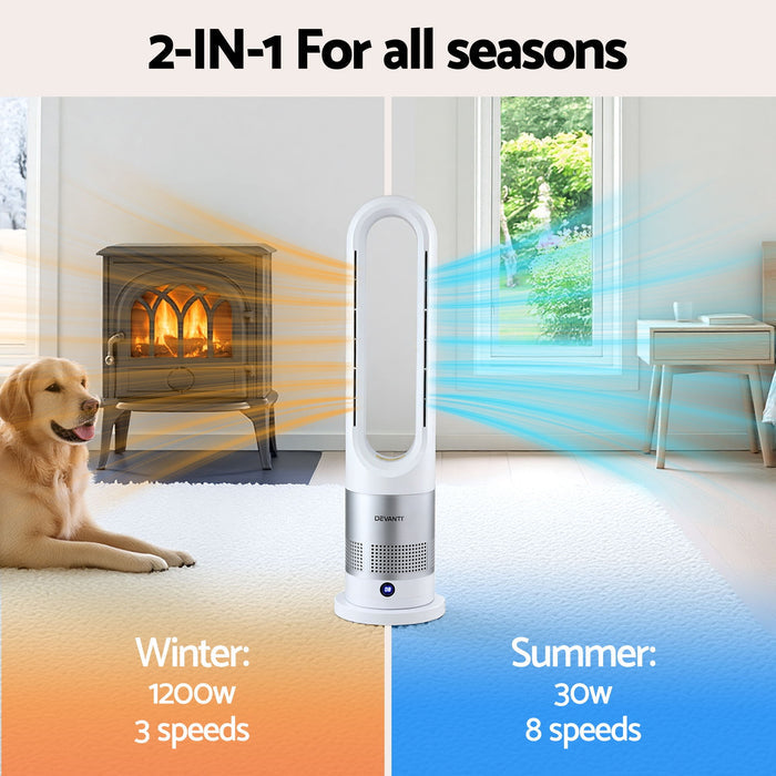 Devanti Bladeless Tower Fan Heater and Cooler 2in1 Portable Oscillation Fan for Bedroom Room Office Use White - Devanti