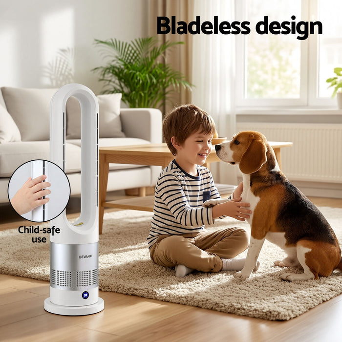 Devanti Bladeless Tower Fan Heater and Cooler 2in1 Portable Oscillation Fan for Bedroom Room Office Use White - Devanti