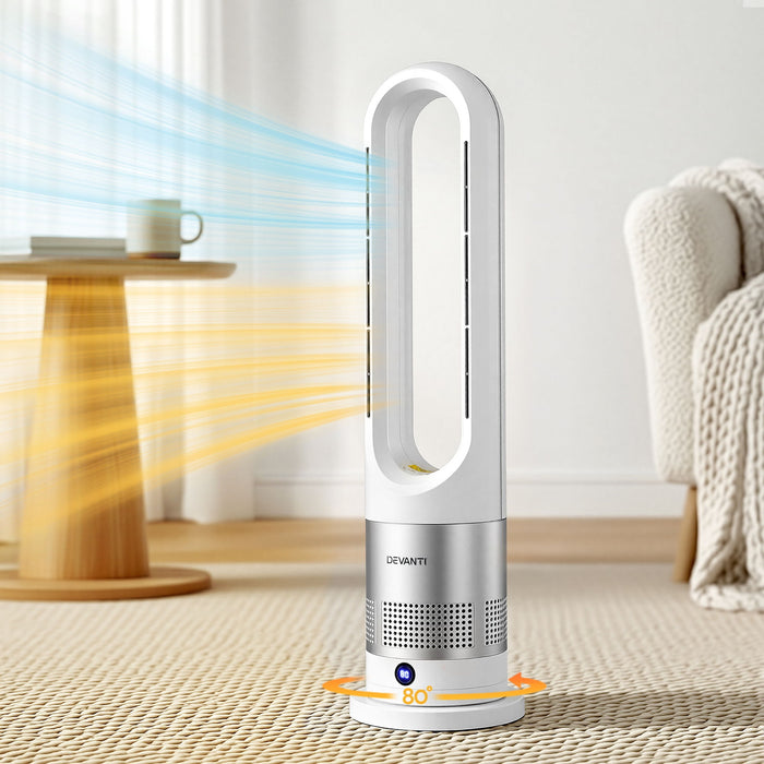 Devanti Bladeless Tower Fan Heater and Cooler 2in1 Portable Oscillation Fan for Bedroom Room Office Use White - Devanti