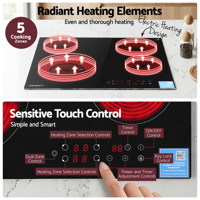 Devanti Ceramic Cooktop 5 Cooking Zone 4 Electric Hobs Touch Control 7600W Black - Devanti