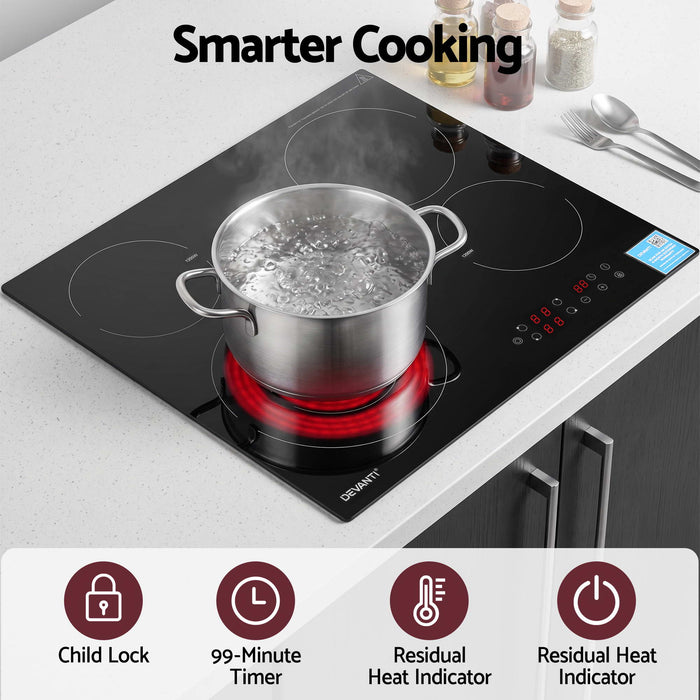 Devanti Ceramic Cooktop 5 Cooking Zone 4 Electric Hobs Touch Control 7600W Black - Devanti