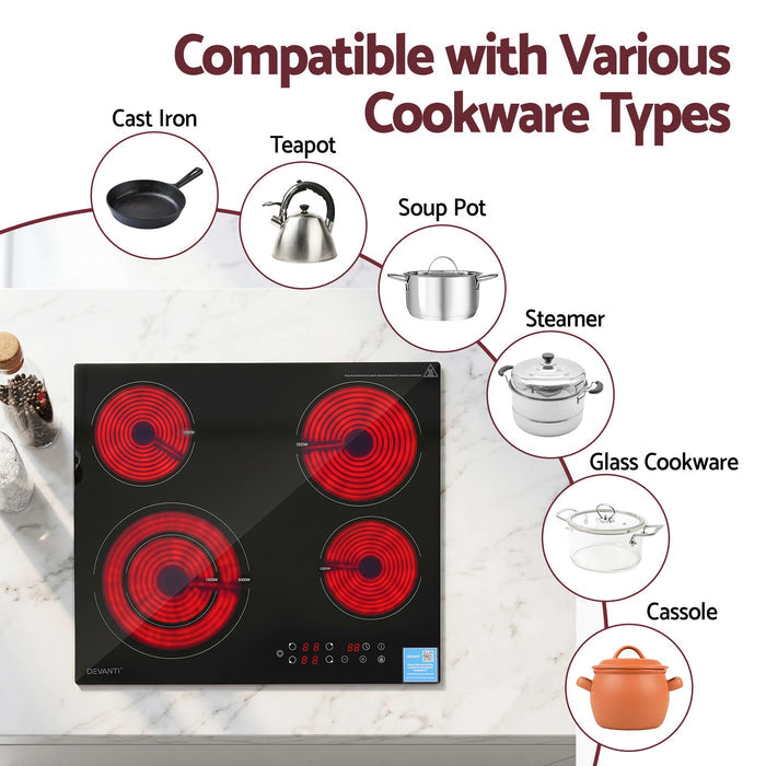 Devanti Ceramic Cooktop 5 Cooking Zone 4 Electric Hobs Touch Control 7600W Black - Devanti