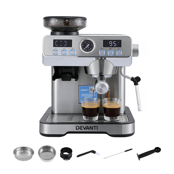 Devanti Coffee Machine Espresso Latte Maker with Grinder Milk Frother Steam Wand - Devanti