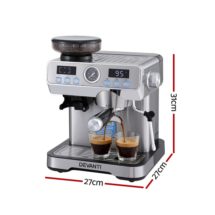 Devanti Coffee Machine Espresso Latte Maker with Grinder Milk Frother Steam Wand - Devanti