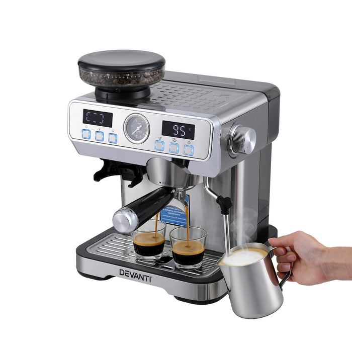 Devanti Coffee Machine Espresso Latte Maker with Grinder Milk Frother Steam Wand - Devanti