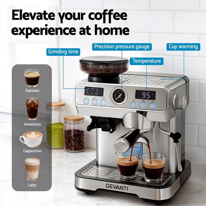 Devanti Coffee Machine Espresso Latte Maker with Grinder Milk Frother Steam Wand - Devanti