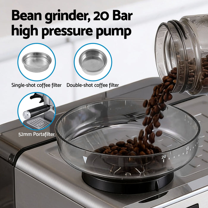 Devanti Coffee Machine Espresso Latte Maker with Grinder Milk Frother Steam Wand - Devanti