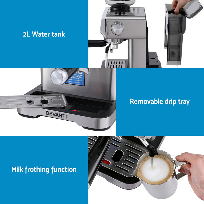 Devanti Coffee Machine Espresso Latte Maker with Grinder Milk Frother Steam Wand - Devanti