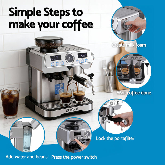 Devanti Coffee Machine Espresso Latte Maker with Grinder Milk Frother Steam Wand - Devanti