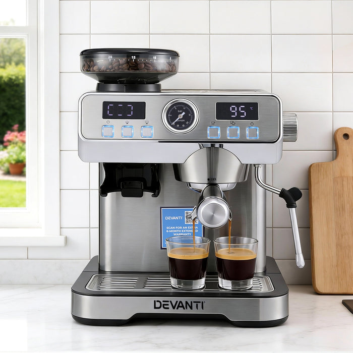 Devanti Coffee Machine Espresso Latte Maker with Grinder Milk Frother Steam Wand - Devanti