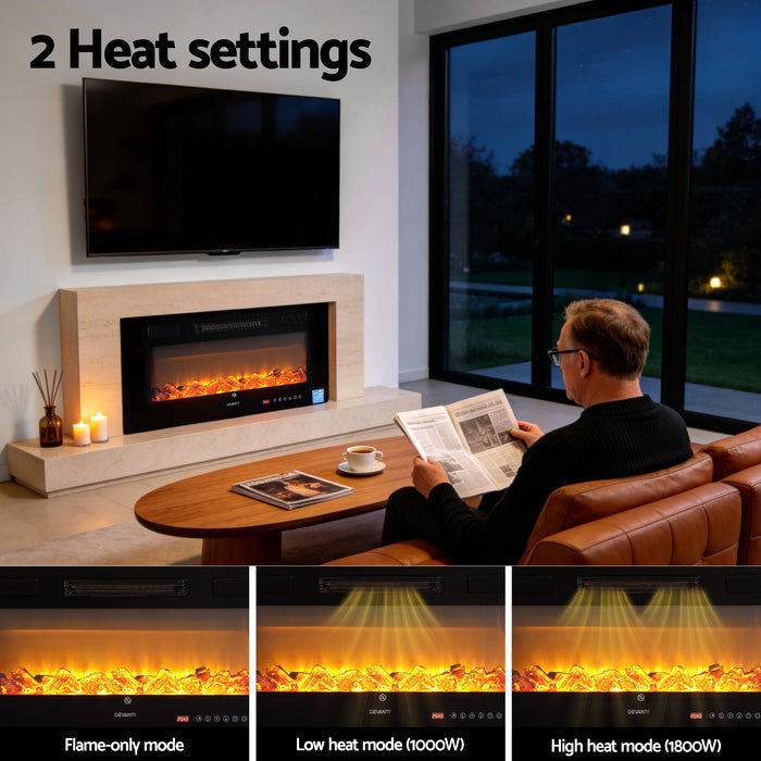 Devanti Electric Fireplace Fire Heater Wall Mounted Insert 3D Flame 1800W Remote Control - Devanti