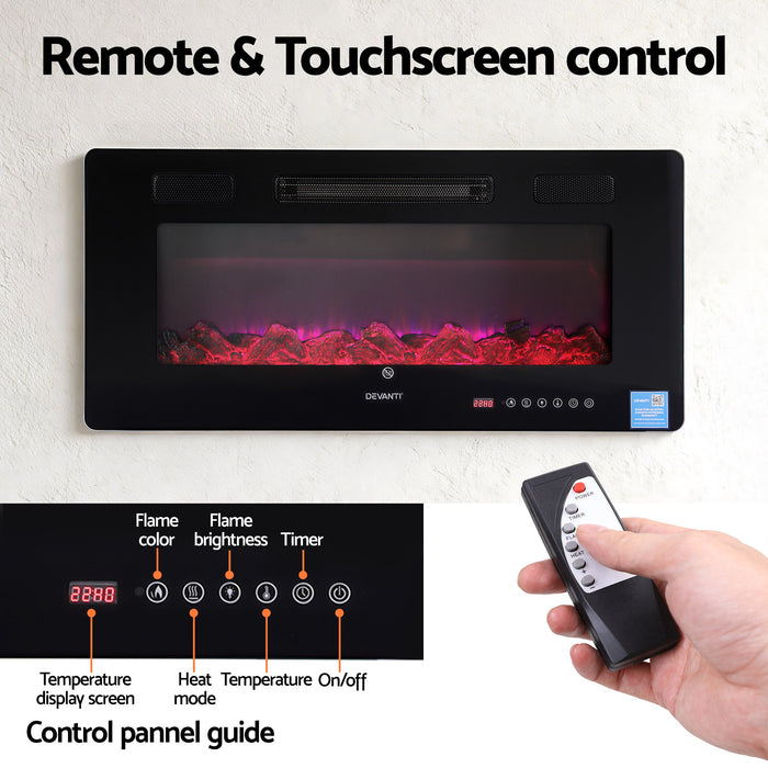 Devanti Electric Fireplace Fire Heater Wall Mounted Insert 3D Flame 1800W Remote Control - Devanti